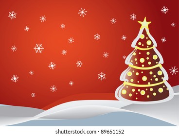 Vector Christmas background with tree and snow in red