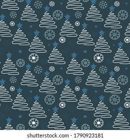 Vector christmas background with christmas tree,  and snowflakes, stars in scandinavian style for fabrics, paper, textile, gift wrap. Line art