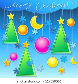 vector christmas background with christmas trees, ball and snowflakes