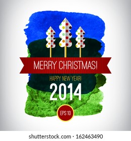 Vector christmas background. Unusual christmas design with hand drawn watercolour painting texture, " Merry Christmas", "Happy New Year", "2014" leterring, santa, christmas tree and gift.