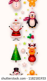 Vector Christmas background. Vertical line seamless pattern, frame, flat lay. Holiday decoration. Christmas ornaments and toys - santa claus, reindeer, christmas tree, snowman, star, candy cane, holly