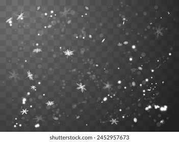 Vector Christmas background with white bokeh, falling snowflakes and shimmering particles. Festive snowy isolated illustration perfect for magical overlay.