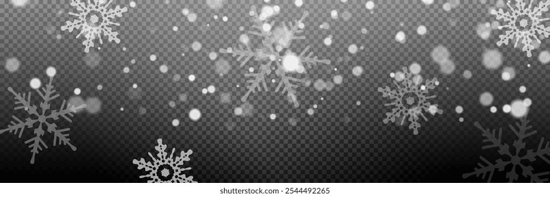 Fondo de Navidades de Vector con bokeh blanco, copos de nieve que caen y partículas brillantes. Ilustración aislada nevada festiva perfecta para superposición mágica.