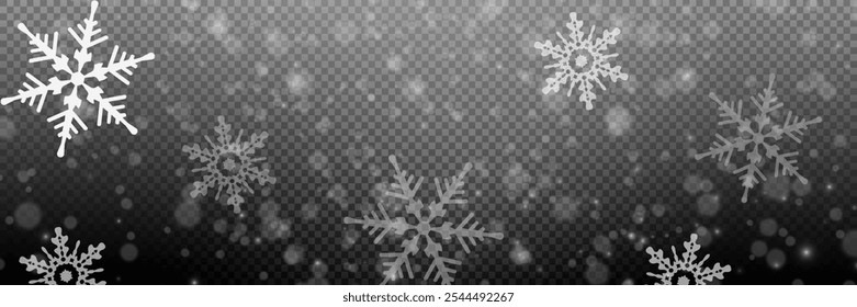 Fundo de Natal vetor com bokeh branco, flocos de neve caindo e partículas cintilantes. Ilustração isolada nevada festiva perfeita para sobreposição mágica.