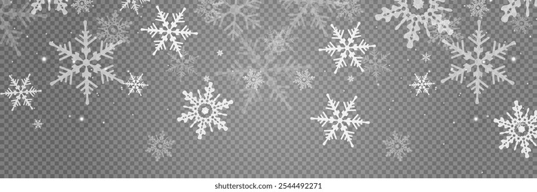 Vector Christmas background with white bokeh, falling snowflakes and shimmering particles. Festive snowy isolated illustration perfect for magical overlay.