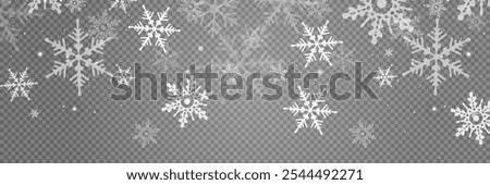 Vector Christmas background with white bokeh, falling snowflakes and shimmering particles. Festive snowy isolated illustration perfect for magical overlay.