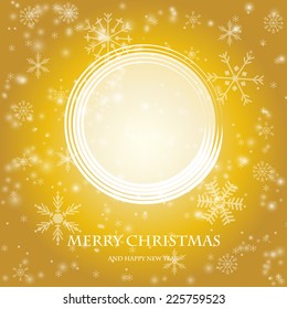 Vector fondo navideño con copos de nieve blancos sobre fondo dorado y lugar para tu texto