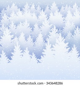 Vector Christmas background with winter spruce forest silhouette and falling snow.