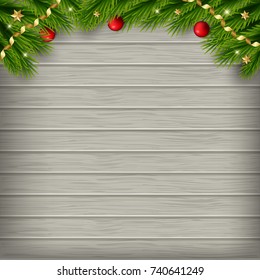 Vector christmas background with wood texture and christmas tree and decorations