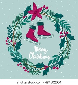 Vector Christmas background with wreath from pine branches, poinsettia, holly berries and leaves, vintage ice skates and hand written text "Merry Christmas". Holiday poster. Winter greeting card.