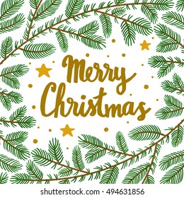 Antecedentes vectoriales de Navidad con flores de pino, estrellas y texto escrito a mano "Feliz Navidad". Tarjeta de saludo de vacaciones de invierno.