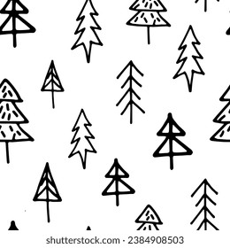 Vector Christmas Background.Christmas Trees Doodle.Hand drawn.New Year.Winter.Holiday.For textile printing.Packaging,paper,wrapping.For social networks.Black drawing on white.Web design.Symbol.EPS 10