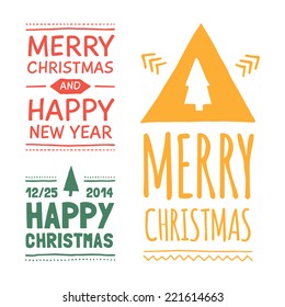 Vector Christmas badges. Collection of three hand-draw thematic buttons. On paper surface.