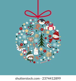 Vector Christmas ball with cute deer, penguin, snowman and bear, decorations, lights, stars. Illustration for greeting card, poster, banner, invitations.