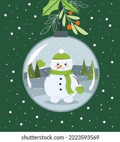 Vector bola de Navidad con un lindo personaje de snowman dentro. Ilustración de estilo de dibujos animados para las vacaciones de invierno. 