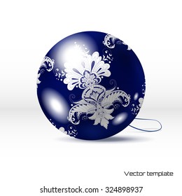 Vector Christmas ball. Damask oriental pattern in vintage style. Blue backdrop. Realistic shadows.