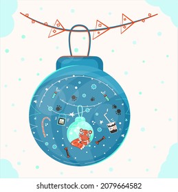 A vector Christmas ball decorated by a New year pattern with a tiger, a big New Year toy ball hanging on a New Year tree branch, winter toy ball including celebration New Year 2022 images. 