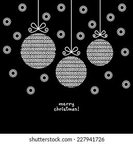 Vector Christmas ball of doodle knitted shapes. Greeting, invitation card with decoration. Simple illustration for print, web