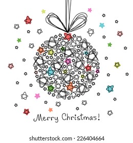 Vector christmas ball of doodle stars. Hand drawn greeting card. Illustration in pencil sketch style for print, web