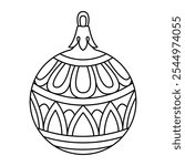 Vector christmas ball doodle style. Hand drawn black and white isolated globe decorative for christmas trees, new year and christmas bauble coloring page. Vector illustration