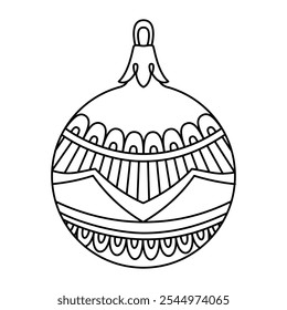 Vector christmas ball doodle style. Hand drawn black and white isolated globe decorative for christmas trees, new year and christmas bauble coloring page. Vector illustration