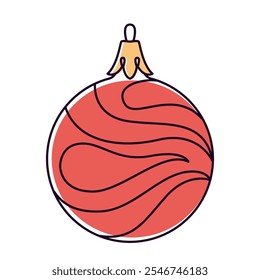 Vector christmas ball doodle style. Hand drawn line art, red color isolated globe decorative for christmas trees, new year and christmas bauble. Vector illustration