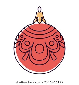 Vector christmas ball doodle style. Hand drawn line art, red color isolated globe decorative for christmas trees, new year and christmas bauble. Vector illustration