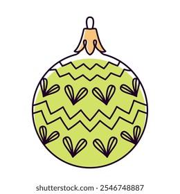 Vector bola de Navidad estilo doodle. Dibujado a mano arte de línea, color verde aislado globo decorativo para árboles de Navidad, año nuevo y chuchería de Navidad. Ilustración vectorial