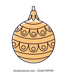 Vector bola de Navidad estilo doodle. Arte de línea dibujado a mano, color amarillo o oro aislado globo decorativo para árboles de Navidad, año nuevo y chuchería de Navidad. Ilustración vectorial