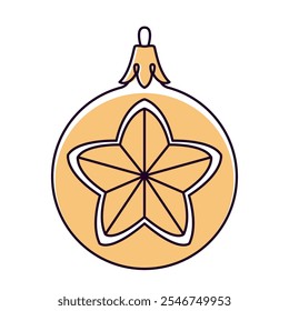 Vector christmas ball doodle style. Hand drawn line art, yellow or gold color isolated globe decorative for christmas trees, new year and christmas bauble. Vector illustration