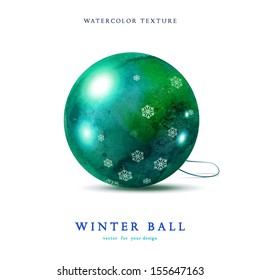 Vector Christmas ball. Drawing watercolor paints and snowflakes. Realistic shadows and reflections. Element for your design.