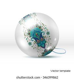 Vector Christmas ball. Eastern floral pattern with peacock feathers. Realistic shadows.