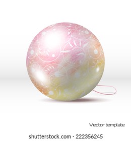 Vector Christmas ball. Elegant decor with curls. Delicate colored pencil background. Hand drawing. Realistic shadows. 