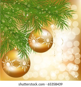 Vector Christmas ball with green new year tree on abstract golden lights background