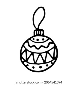 Vector Christmas ball. Hand drawn illustration with black liner in doodle style. Creation of design for New Year, winter, Christmas