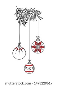 Vector christmas ball hanging decoration on branch hand drawn illustration