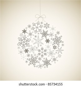 Vector Christmas ball made from gray simple snowflakes on light background - Christmas card