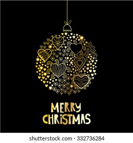 Vector Christmas ball made of hearts. Romantic Christmas ball illustration. Greeting card design. Vector gold color theme. Winter template.
