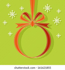 Vector Christmas ball made from red ribbon with bow, snowflakes. Modern green background with text box for presentation. Original festive invitation, greeting card. Drawing decorative illustration 