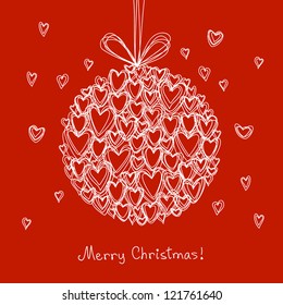 Vector christmas ball made from small hearts of doodles. Original greeting, invitation holiday red card with lettering - Merry Christmas. Decorative hand drawn illustration in pencil sketch style