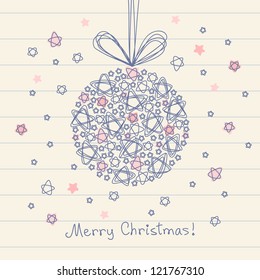 Vector christmas ball made from small stars of doodles. Original greeting card with lettering Merry Christmas. Hand drawn festive background on a sheet of notebook. Illustration in pencil sketch style