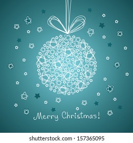 Vector christmas ball made from small stars of doodles. Original blue greeting card with lettering - Merry Christmas! Decorative hand drawn illustration in pencil sketch style for print, web 