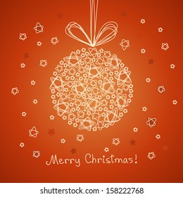 Vector Christmas ball made from small stars of doodles. Original red greeting card with lettering - Merry Christmas! Decorative hand drawn illustration in pencil sketch style for print, web
