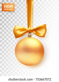 vector christmas ball on silk ribbon with bow. isolated on white background