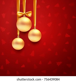 vector christmas ball on silk ribbon with bow. on red background