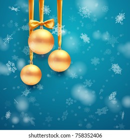 vector christmas ball on silk ribbon with bow. isolated on blue background