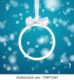 vector christmas ball on silk ribbon with bow. on blue background