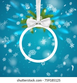 vector christmas ball on silk ribbon with bow and spruce branches. on blue background