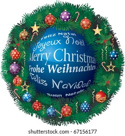 vector Christmas ball on six languages with garland
