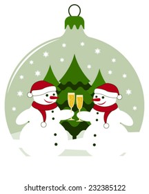 vector christmas ball with pair of snowmen with glasses of champagne